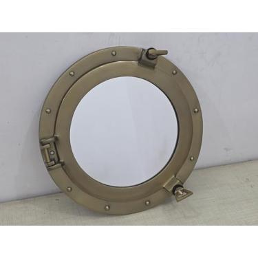 Imagem de Espelho de vigia Nautical Decor de 30 cm, acabamento em latão polido, suporte de parede estilo navio vitoriano, decoração de casa e tema pirata