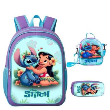 Imagem de Kit escolar Mochila Infantil Rodinha Feminina Lilo e Stitch Escolar + 