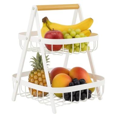 Imagem de Fruteira de Mesa 2 Andares em Metal com Detalhe em Bambu - Cesta Organizadora Decorativa para Cozinha, Sala e Mesa (Branco)