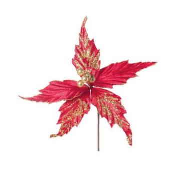 Imagem de Flor Cabo Curto de Veludo Vermelho e Ouro 25cm - 01 unidade - Cromus N