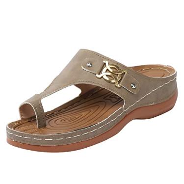 Imagem de Sandálias de plataforma femininas verão casual dedo do pé sem cadarço sandálias de flores planas moda sólida sandálias meninas, Caqui, 7.5