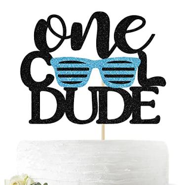 Imagem de Topo de bolo One Cool Dude - Decoração de bolo de 1º aniversário para bebê menino - Adereços para fotos de aniversário (preto e azul)