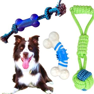 Imagem de Kit 3 Brinquedos Pet Para Cachorros Mordedor Osso Nylon Premium Resistente Bola Corda Premium (Azul)