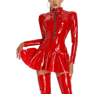 Imagem de Panegy Body feminino de couro sintético sexy, brilhante, metálico, traje de gato, látex, aparência molhada, colado ao corpo, Estilo 7 vermelho, XXG