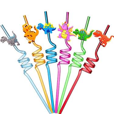 Imagem de Ulife Mall Canudos reutilizáveis para festa de dinossauro canudos de plástico rígido encaracolado canudos de decoração de festa de aniversário para crianças suprimentos lembranças de reunião de