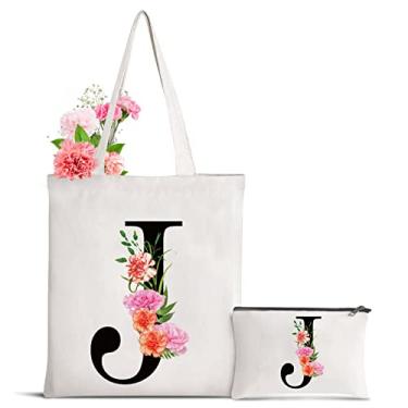 Imagem de Sanuurfky Sacola de lona com letra inicial personalizada para presente para o dia das mães, damas de honra, noiva, aniversário, casamento, Flor-j, Large