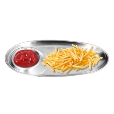 Imagem de Conjunto de travessas de servir batatas fritas e molho, prato de lanche dividido de aço inoxidável, pratos de sushi reutilizáveis com seção de molho para lanche e salada de sobremesa