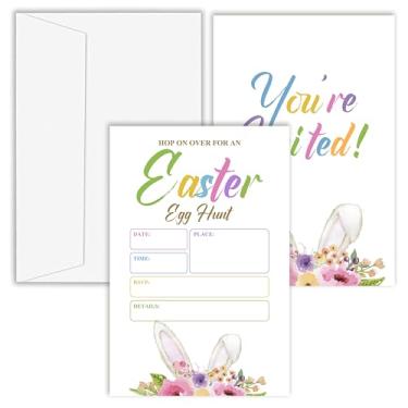 Imagem de OXRUN Cartões de convite de festa de caça ao ovo de Páscoa, 25 peças de convites de festa de coelhinho da Páscoa com envelopes, suprimentos de decoração de festa coloridos de primavera - C04