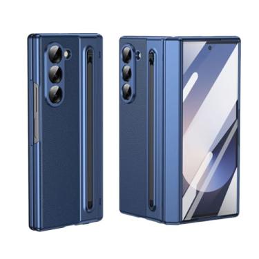 Imagem de CMYFUTNG Capa para Samsung Galaxy Z Fold 6 com caneta de escrita compacta integrada, textura de couro, proteção de dobradiça, carregamento sem fio, capa de telefone fina S Pen azul 23-Z Fold6-02