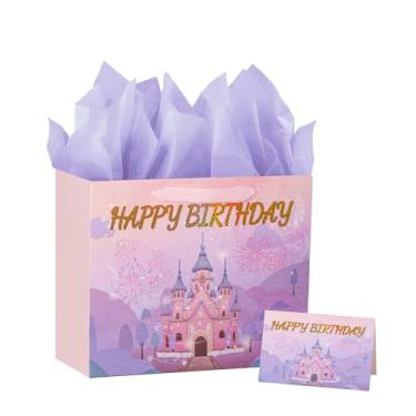 Imagem de PrintGuru Bolsa grande de presente de feliz aniversário de 33 cm com papel de seda, cartão de felicitações e alças de fita para aniversário, 33 cm L x 26 cm A x 12 cm P (Castelo de princesas, rosa e