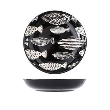 Imagem de Utensílios de mesa de cerâmica de 20 polegadas pintados à mão em estilo japonês, pratos de dim sum, refeições domésticas, pratos redondos - pratos de arroz de 20 cm - preto multi-peixe