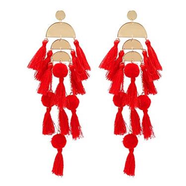 Imagem de Brincos de franja comprida com franja e pingente grande para mulheres Vermelho