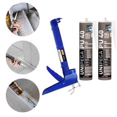 Imagem de Kit Aplicador de Silicone + 2 Cola Selante Adesivo PU 40 Preto 400g Unipega Construção e Vedação