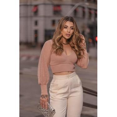 Imagem de Cropped Manga Longa Bufante Moda Feminina - FIORELLA TRICOT, Preto