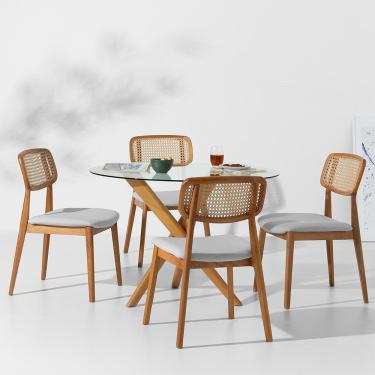 Imagem de Conjunto Mesa de Jantar Thai Redonda Vidro Incolor - 1,10m + 4 Cadeiras Lótus Encosto Palha Larga Linne - Cinza