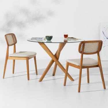 Imagem de Conjunto Mesa de Jantar Thai Redonda Vidro Incolor - 1,10m + 2 Cadeiras Lótus Encosto Palha Larga Linne - Cru