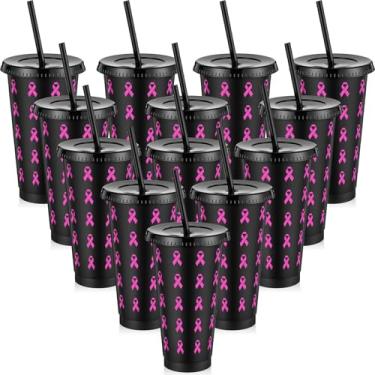 Imagem de LemonRoad Conjunto de 12 copos de plástico para conscientização do câncer de mama com tampas planas e canudos 680 g copos de plástico reutilizáveis com fita inspiradora rosa copos de água potável