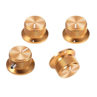 Imagem de SALYMECONY 4 maçanetas de potenciômetro de alumínio universais, botões de controle de sino com parafuso de ajuste para guitarra/baixo/AMPS/pré-amplificadores, preto com indicador (dourado)