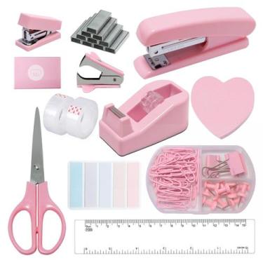 Imagem de Conjunto de papelaria rosa, kit de material de escritório de 11 peças 