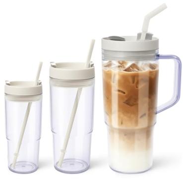 Imagem de BleoSip Pacote com 3 copos de plástico com alça e tampas de canudos - 1134 g, 737 g, 425 g - Copos de café gelado de acrílico transparente Garrafas de água estéticas para smoothies, refrigerantes