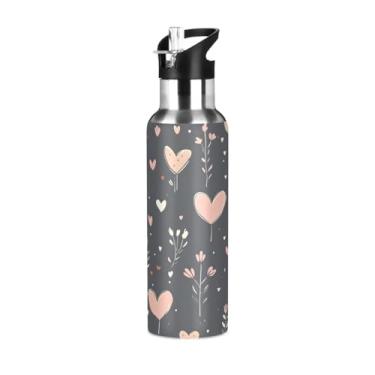 Imagem de Wassud Garrafa de água de aço inoxidável com coração e flores, garrafa de água com isolamento de palha, copo portátil para viagem, 946 ml