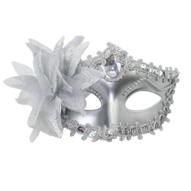 Imagem de MYMENU Máscara veneziana feminina de strass brilhante para fantasia de Halloween, cosplay, festa, baile de formatura, com decoração de flores (prata)