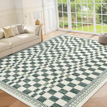 Imagem de GarveeHome Tapete lavável de 25 x 33 cm para quarto, tapete grande, moderno, abstrato, xadrez, antiderrapante, tapete de pelo baixo, macio, para sala de estar, escritório, quarto de bebê, verde