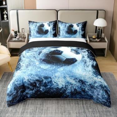 Imagem de Erosebridal Capa de edredom de futebol 100% algodão, tamanho casal, para crianças, meninos, homens, goal, respingos, água, preto, branco, azul claro, edredom macio e confortável