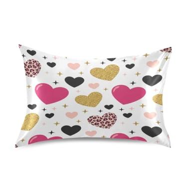 Imagem de ATTX Fronha de cetim com corações pequenos de leopardo com fecho de envelope, macia e refrescante para cabelo e pele, tamanho Queen 559 x 76 cm (559)