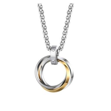 Imagem de Colar masculino com 3 anéis redondos com pingente de aço inoxidável para mulheres, acessórios de corrente de cor prata versáteis, Amarelo, One Size