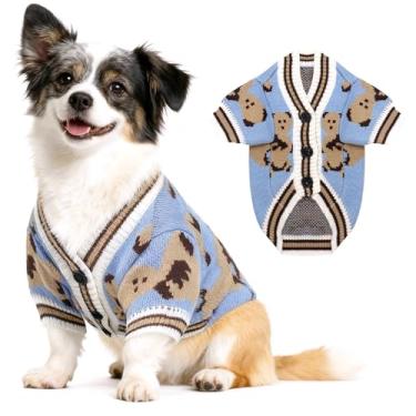 Imagem de Suéter de cachorro fofo urso cardigãs roupas para cães pequenos, médios, meninos, meninas, gatos, roupas de malha macias para filhotes, suéteres de tricô para cães (azul, M)