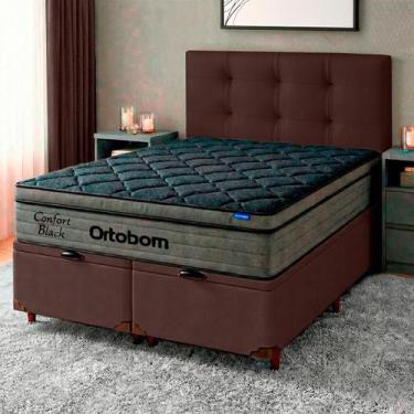 Imagem de Cama Box Bau Marrom + Cabeceira + Colchão Queen Confort Black Ortobom