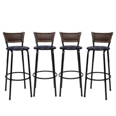 Imagem de Kit 4 Banco Banqueta Alta Encosto Junco Argila Aço Bar Balcão Gourmet 