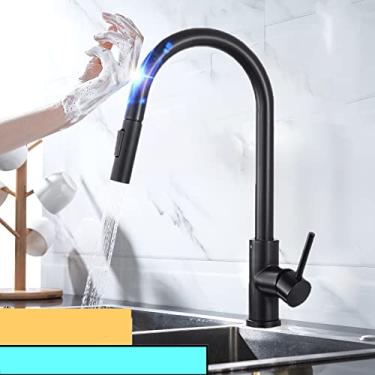 Imagem de Torneira misturadora de cozinha com toque quente e frio em casa branco pull out torneiras misturadoras de cozinha com toque sensível inteligente torneiras de pia de cozinha, toque, preto