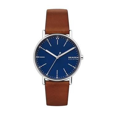 Imagem de Skagen Relógio masculino Signatur com três ponteiros prata aço inoxidável e pulseira de couro marrom (modelo: SKW6355), Marrom, One Size, Signatur - SKW6355