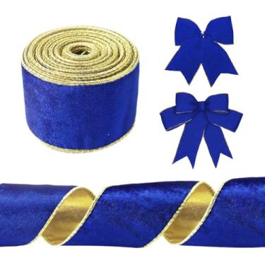 Imagem de ALIBBON Fita de veludo azul royal de 6 cm x 10 m azul marinho ouro egde fita com fio azul natal fita sólida para embrulho de presente laços de casamento festa de aniversário decoração de artesanato