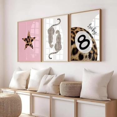 Imagem de Conjunto de 3 arte de parede de guepardo Preppy Fashion Pink Leopard Star Lucky 8 Ball Poster Prints Estética Wall Decor Pictures for Girly Bedroom Apartment Dorm Unframed 30,5 x 40,6 cm