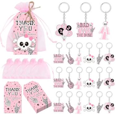 Imagem de Bad Two the Bone Kit de etiquetas e chaveiros com tema de rock rosa decorações de 2º aniversário Rock N Roll chaveiros de 2º aniversário, sacos de presente, etiquetas de agradecimento, lembrancinhas