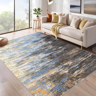 Imagem de GAOMON Tapetes grandes laváveis para sala de estar, 25 x 30 cm, antiderrapante, moderno, abstrato, tapete macio, contemporâneo, resistente a manchas, tapetes de chão dobráveis para quarto, azul e