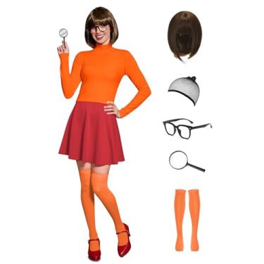 Imagem de For G and PL Conjunto de 7 peças de fantasia de Halloween feminino, top cropped laranja, saia vermelha, conjunto de roupas de cosplay PP-GG, Conjunto de fantasias de Halloween, GG