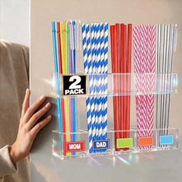 Imagem de Aheroi Conjunto de 2 suportes de palha, suporte de canudo de acrílico grande de 24 cm para porta de armário com 40 adesivos de etiqueta e 15 fitas adesivas, organizador de dispensador de canudos