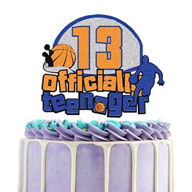 Imagem de Decoração de bolo de aniversário com tema de basquete com glitter, 13 anos, palito de bolo de aniversário de 13 anos, suprimentos para festa de aniversário de treze anos para meninos