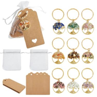 Imagem de SUPERFINDINGS 18 conjuntos de chaveiros de árvore da vida árvore da vida chaveiros de prata com lascas de pedras preciosas em massa de cristal natural com etiquetas de papel e sacos de organza para