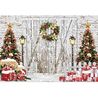 Imagem de Leyiyi Pano de fundo de Natal de 6 x 3 m para fotografia, guirlanda de inverno com neve na porta de madeira, fundo de foto, parede de tijolos, decoração de Natal, pinheiro, dourado, vermelho, bolas,