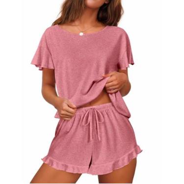 Imagem de Conjunto de pijama feminino Ekouaer, mangas com babados e rosa curta e