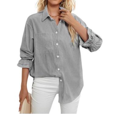 Imagem de Camisa feminina WHO IN SHOP listrada com botões preta e branca L