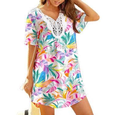 Imagem de Vestido de praia Ekouaer com capa de maiô e crochê de renda com decote