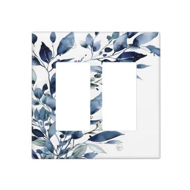 Imagem de BHGAHD Capas de tomada decorativas com design de folhas de eucalipto azul rústico placa de parede de 2 gangues capa de interruptor de luz de interruptor duplo placa frontal para decoração de casa