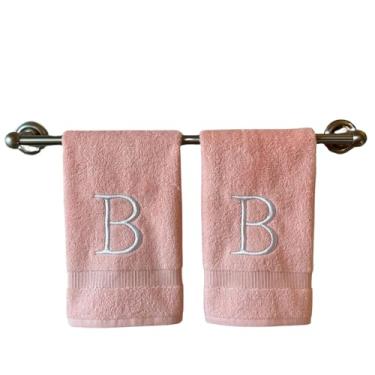 Imagem de Toalha de mão rosa inicial para banheiro - Toalha bordada decorativa de qualidade de hotel de luxo monograma para lavabo, spa - Certificado orgânico GOTS - Conjunto de 2 letras B