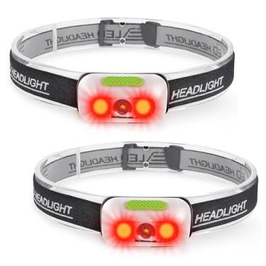 Imagem de Lanterna de cabeça recarregável de 500 lúmens (pacote com 2), 5 modos com luz vermelha, luz de cabeça com alça ajustável IP54 resistente à água para adultos, corrida, acampamento, ciclismo - branco